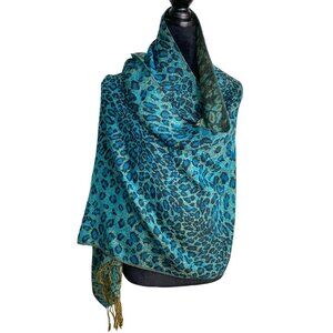 Rikka Womens Blue Animal Print Fringed Scarf One Size Boho Mobwife Whimsigoth